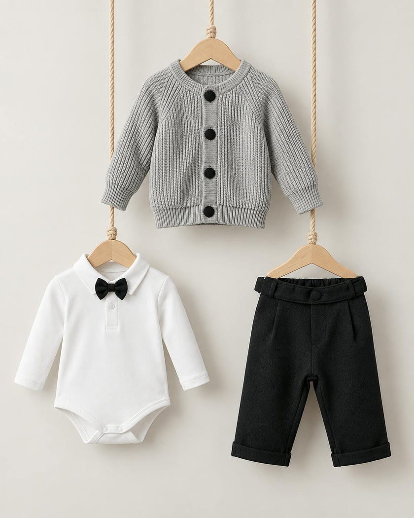 Gray 3-Piece Cardigan, Bow Tie Bodysuit & Trouser Set