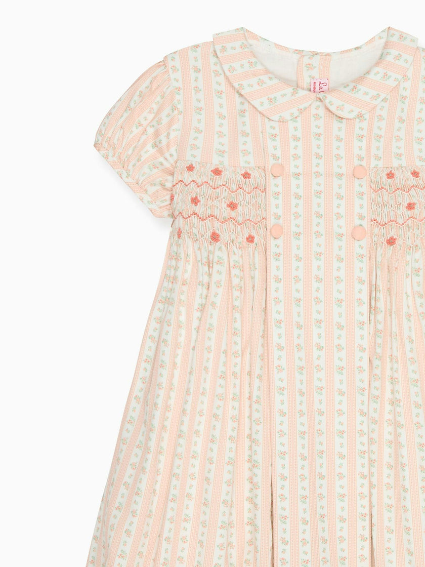 Pink Floral Stripe Arcadia Girl Hand-Smocked Dress