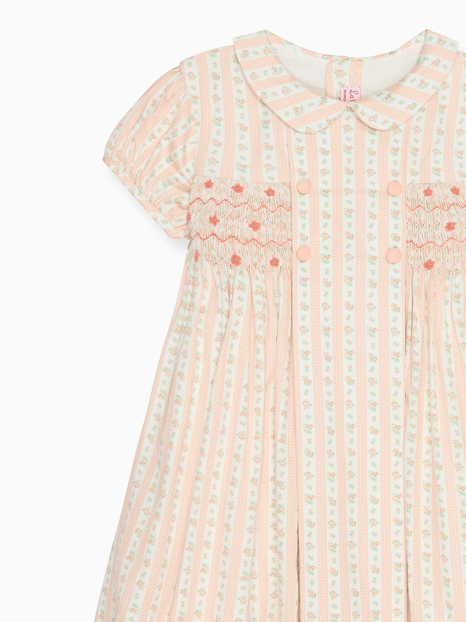Pink Floral Stripe Arcadia Girl Hand-Smocked Dress