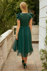 Hattie Dress in Green Flocked Dot Tulle