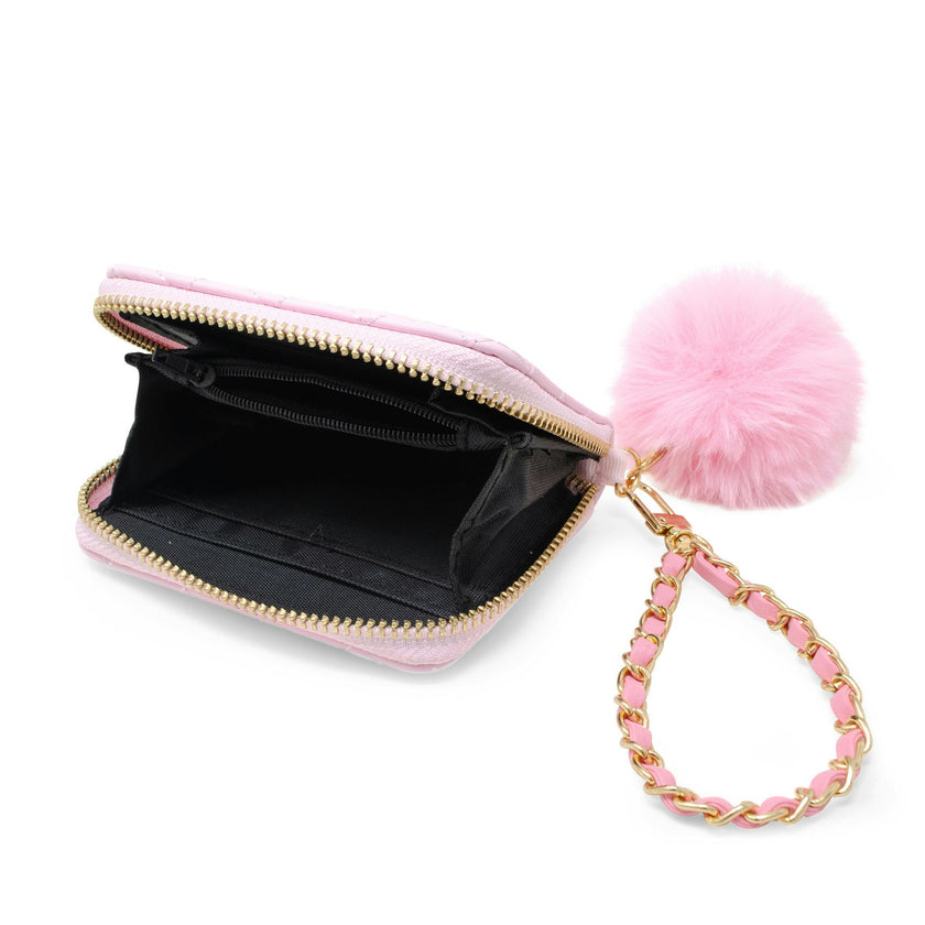 Quilted Wallet with Pom-Pom & Chain Strap