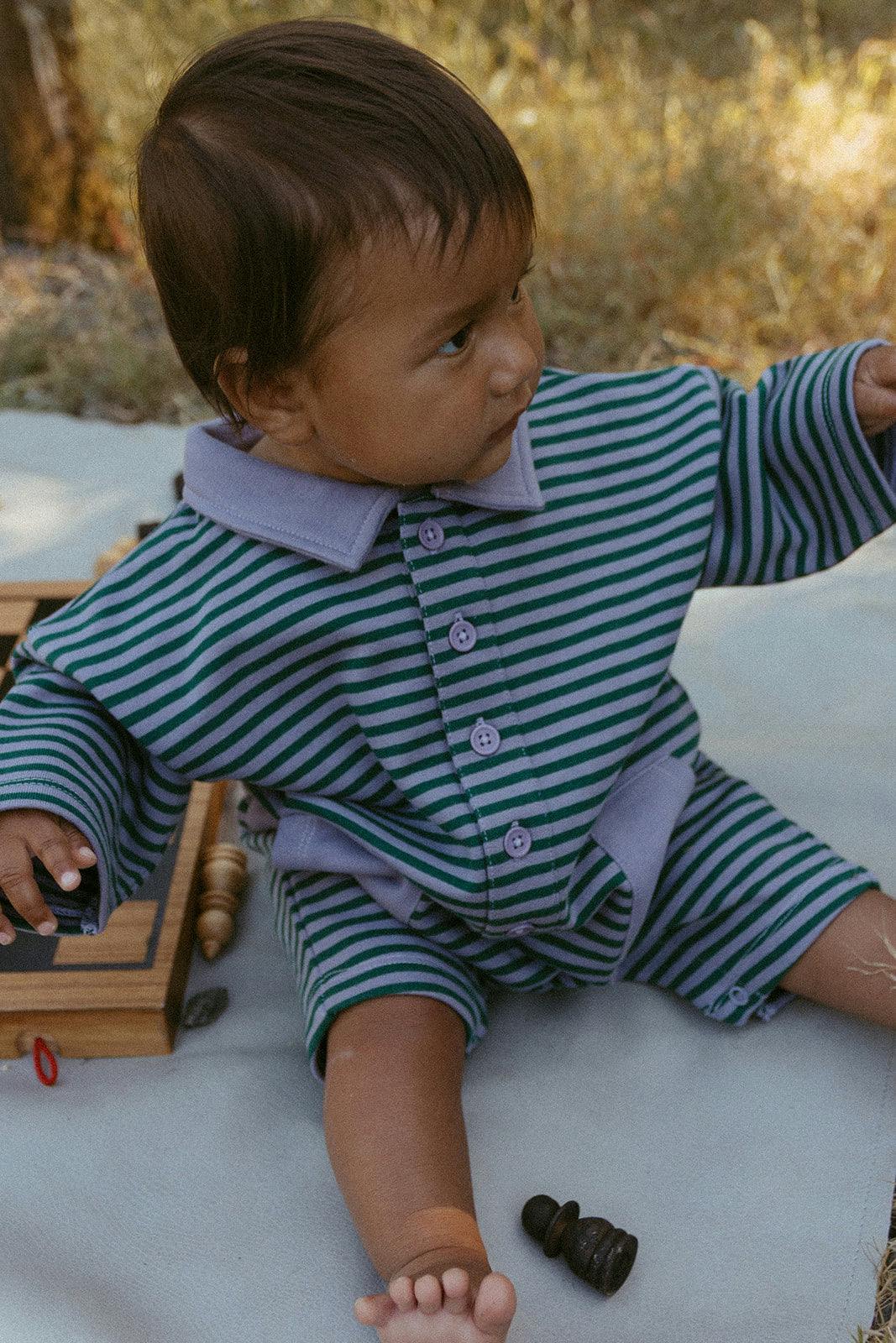 Scottie Romper in Purple Ash Stripe