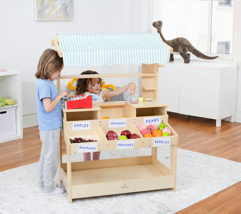 Cypress Wooden Market Stand – Pretend Play Shop for Kids with Storage