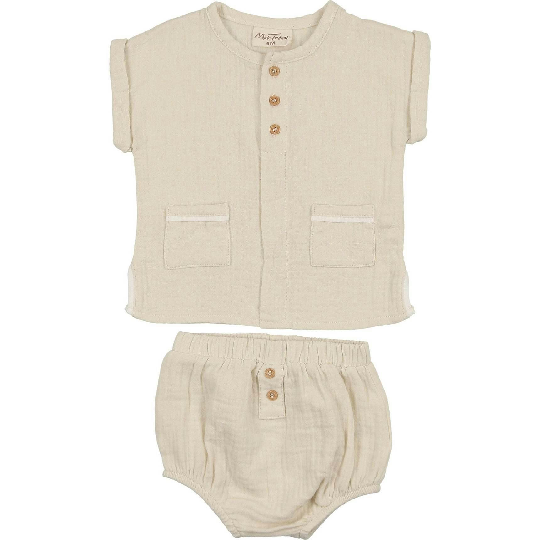 Pockets and Pleats Ensemble Ivory & Taupe