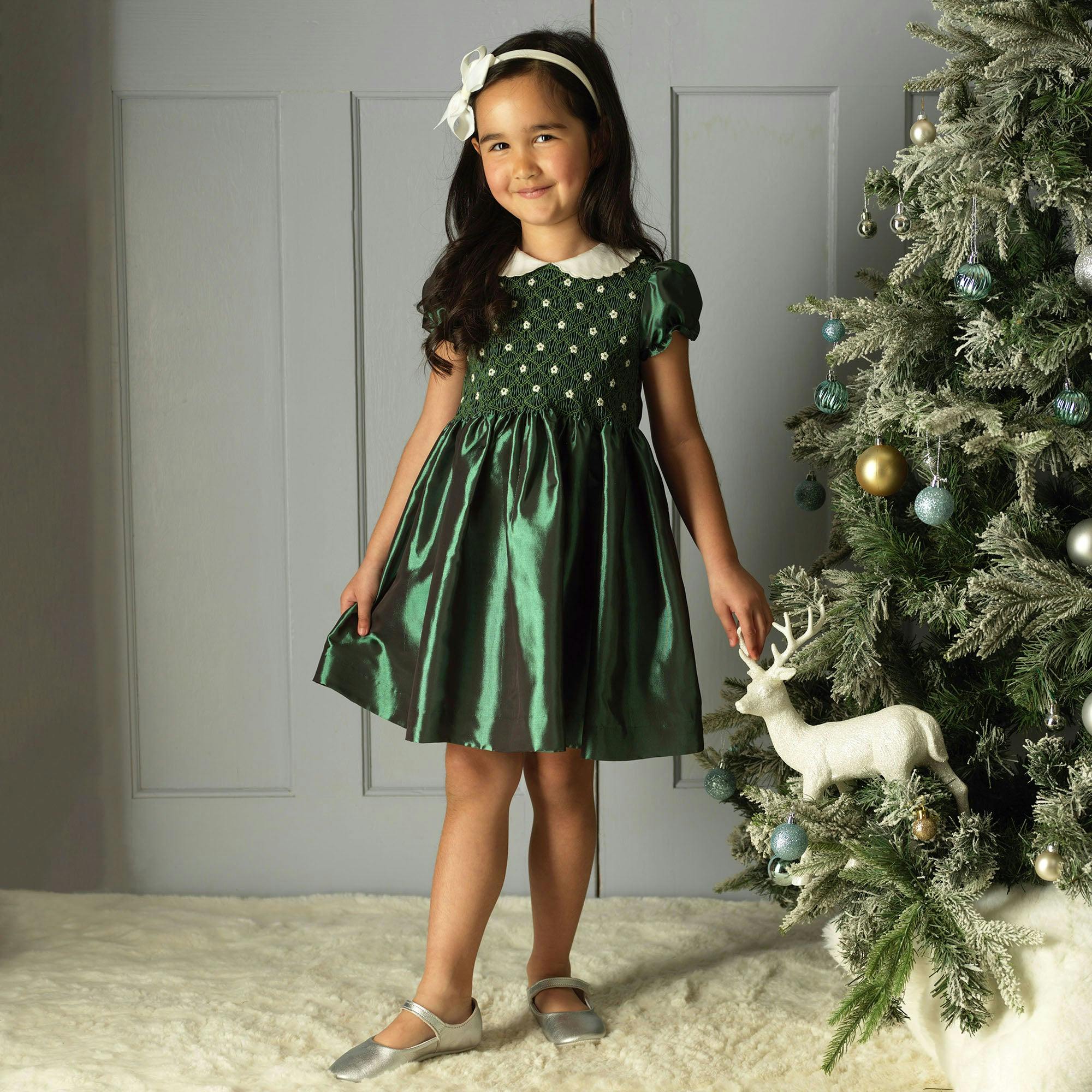Green Taffeta Rosebud Smocked Dress