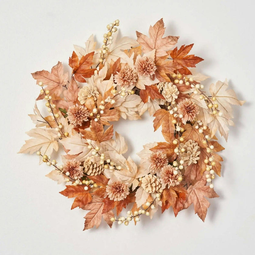 Natural Elegance - Autumn Brown Cream Maple Leaf & Berry with Mini Cafe Au Lait Mums Fall Front Door Wreath