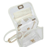 Packed Party Clear Mini Crossbody Bag - White Trim with Gold Chain Strap, Removable Satin Bow Scarf, Top Handle, 7x3.5x5 Inch