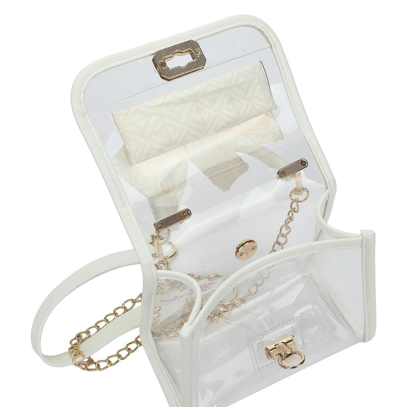 Packed Party Clear Mini Crossbody Bag - White Trim with Gold Chain Strap, Removable Satin Bow Scarf, Top Handle, 7x3.5x5 Inch