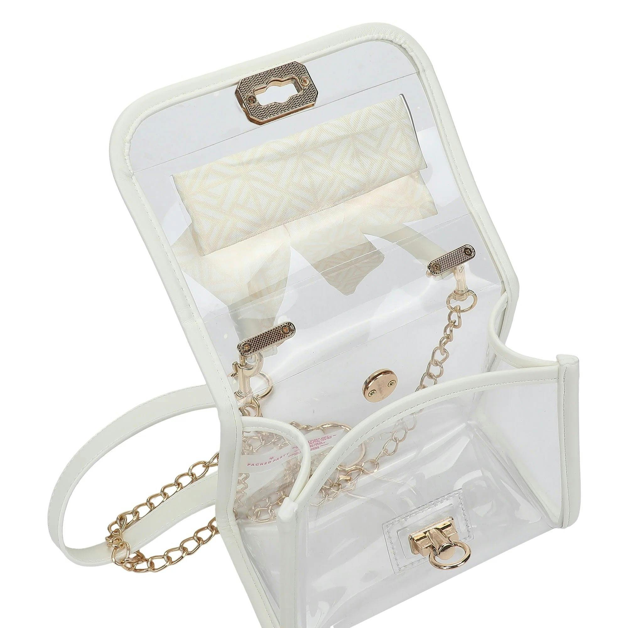 Packed Party Clear Mini Crossbody Bag - White Trim with Gold Chain Strap, Removable Satin Bow Scarf, Top Handle, 7x3.5x5 Inch