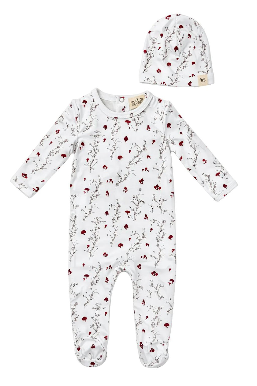 All Over Floral and Mushroom Print Onesie With Hat