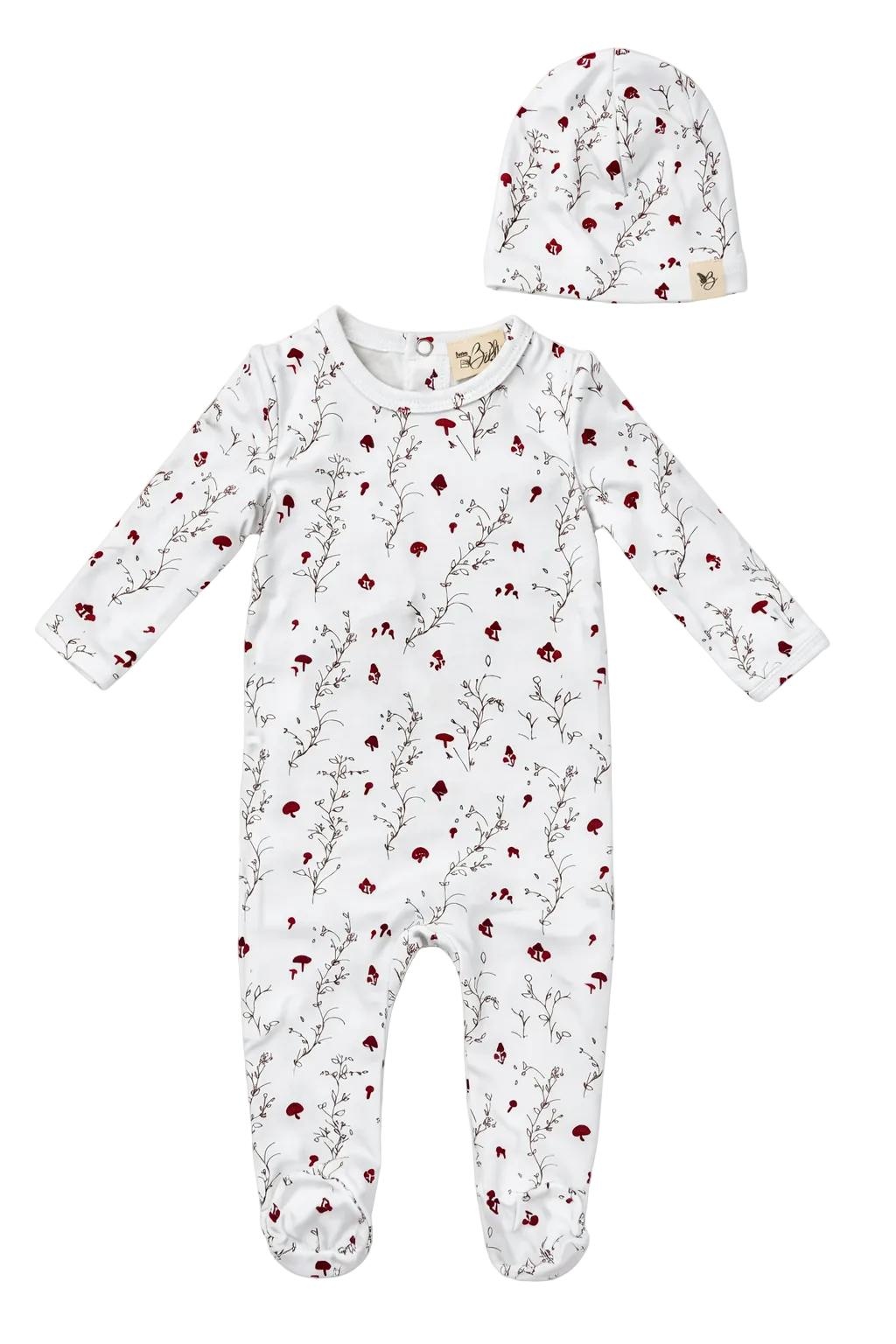 All Over Floral and Mushroom Print Onesie With Hat