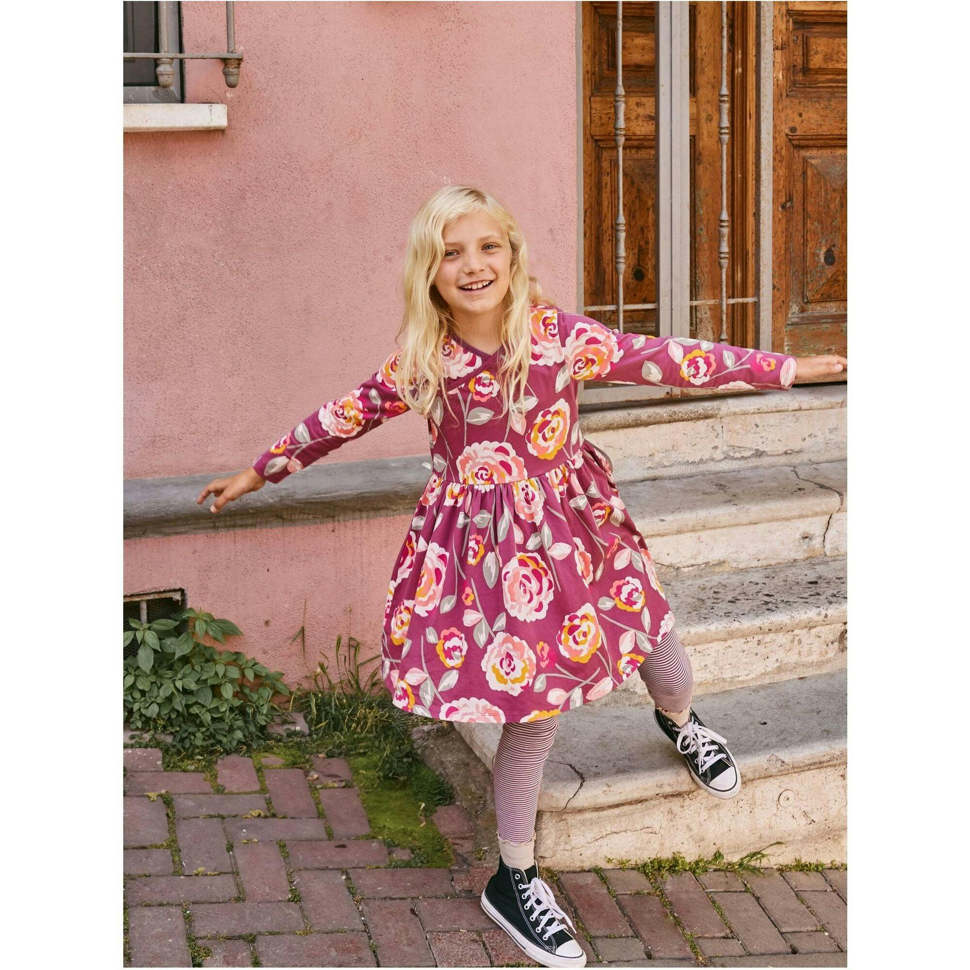Rose Print Empire Waist Long Sleeve Wrap Neck Dress, Multi
