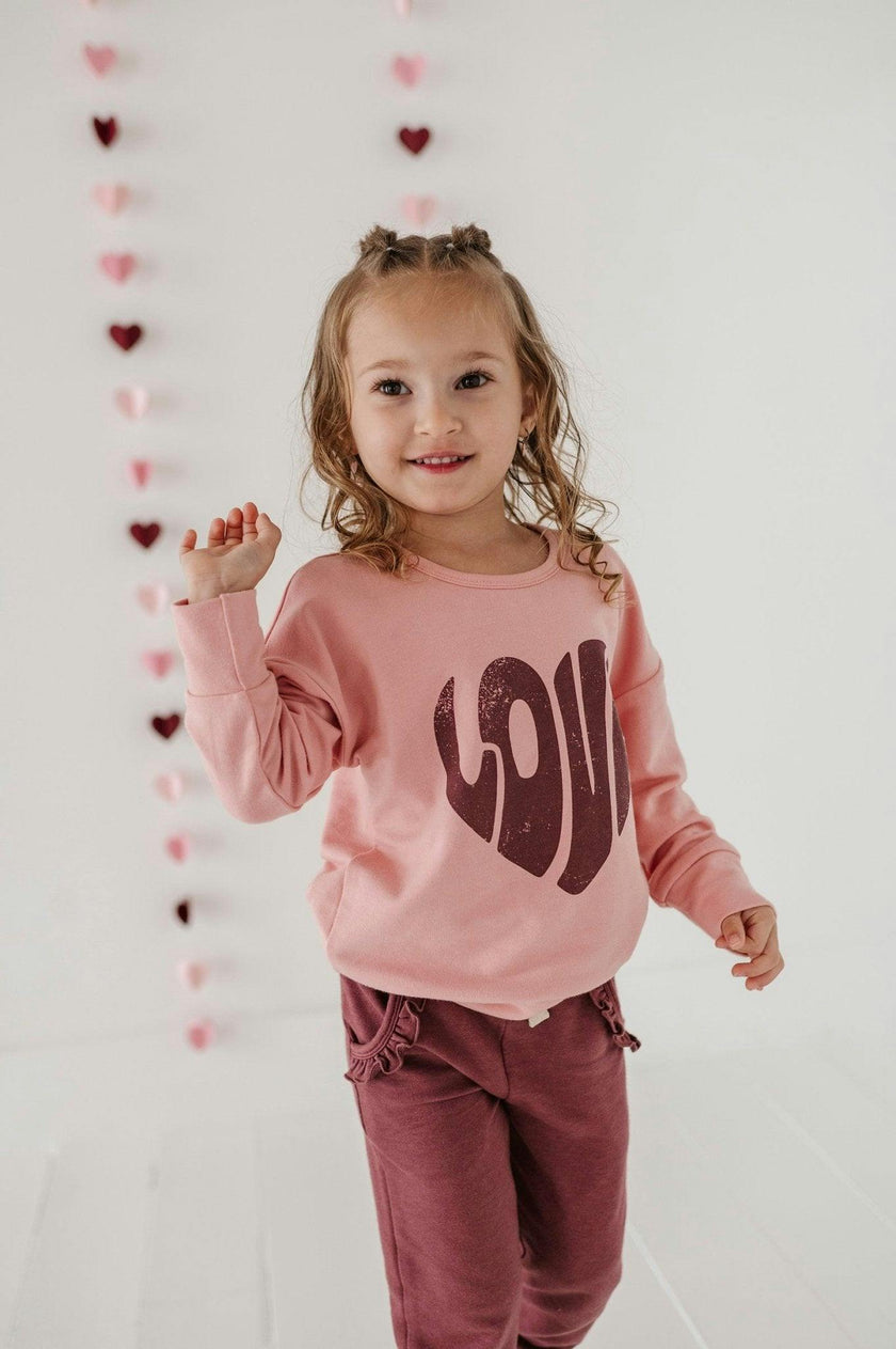 Girls Drop-Shoulder Pullover in Love in Rose Brown