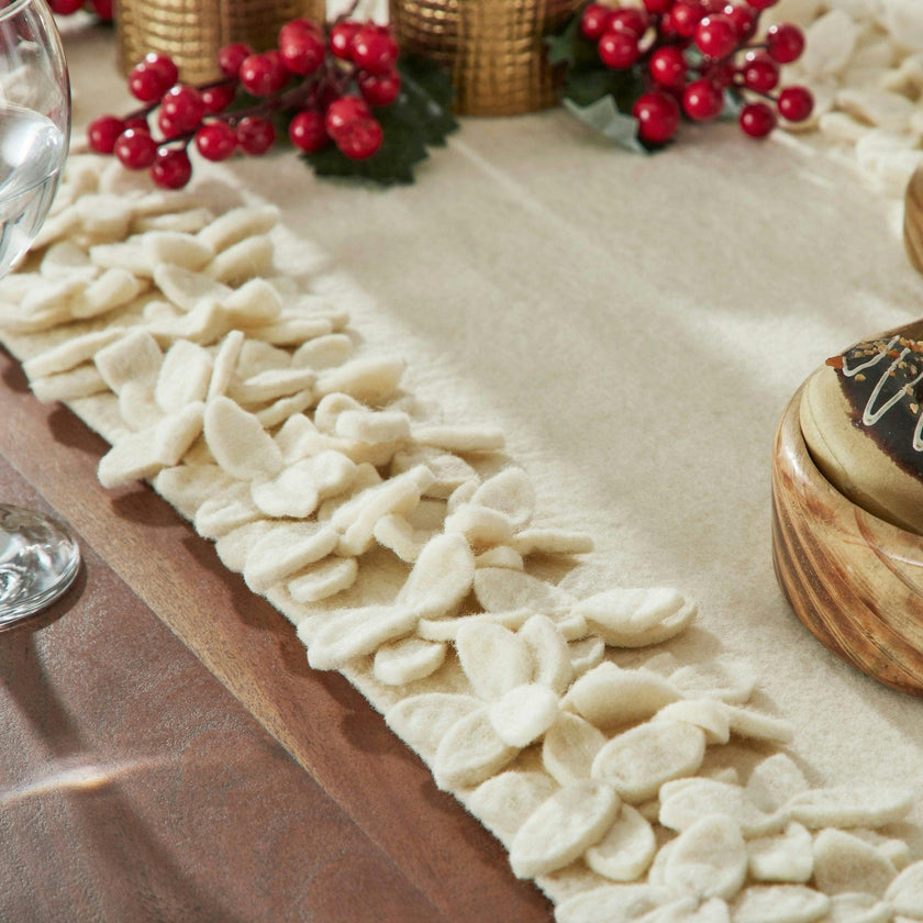 Hand Felted Wool Floral Border Table Runner Cream, 16" x 90"