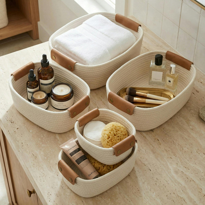 Beautiful Storage Basket Set of 5 - Modern Cotton Rope Baskets for Organizing Shelves - Perfect Bins for Nursery, Changing Table, Office and Living Room