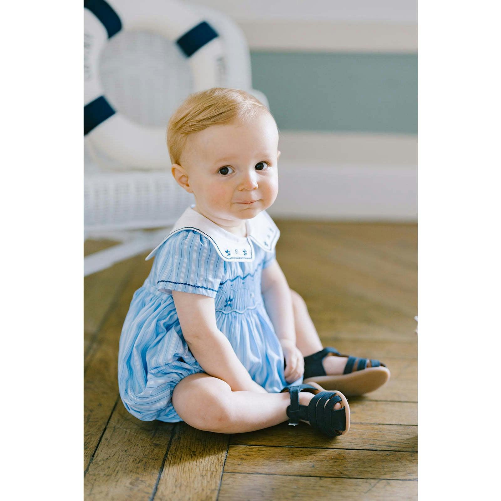 Riviera Blue Stripe Smocked Bubble Romper