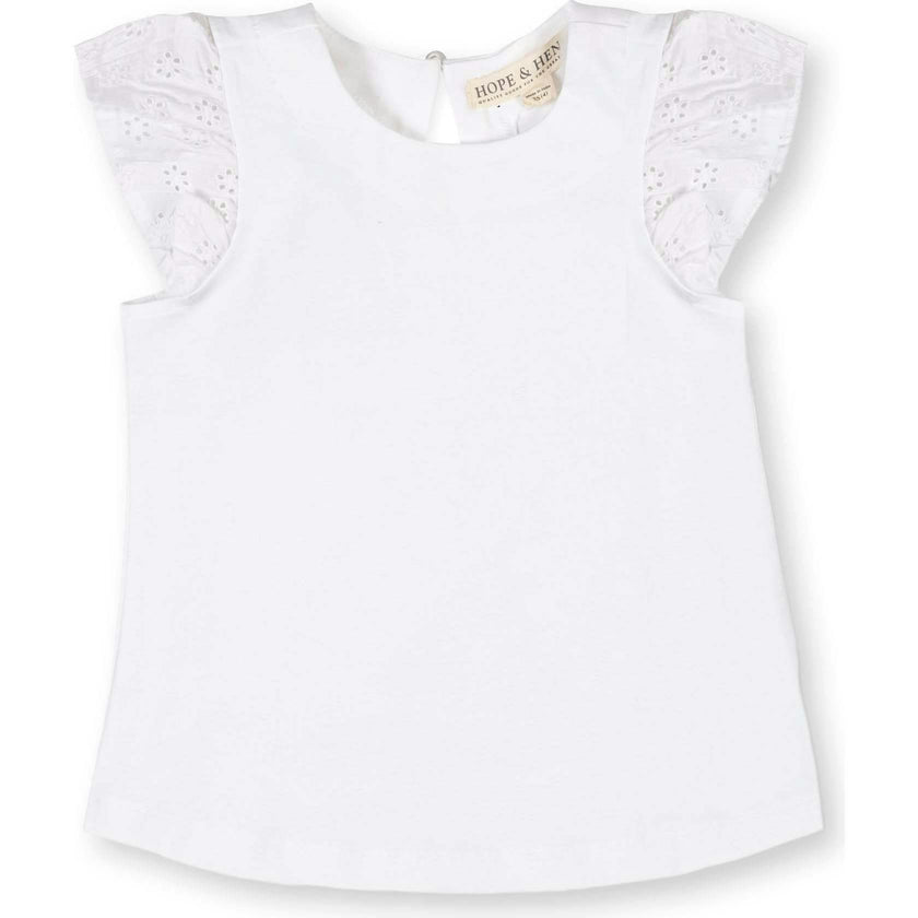 Organic Knit Top with Eyelet Flutter Sleeves, White