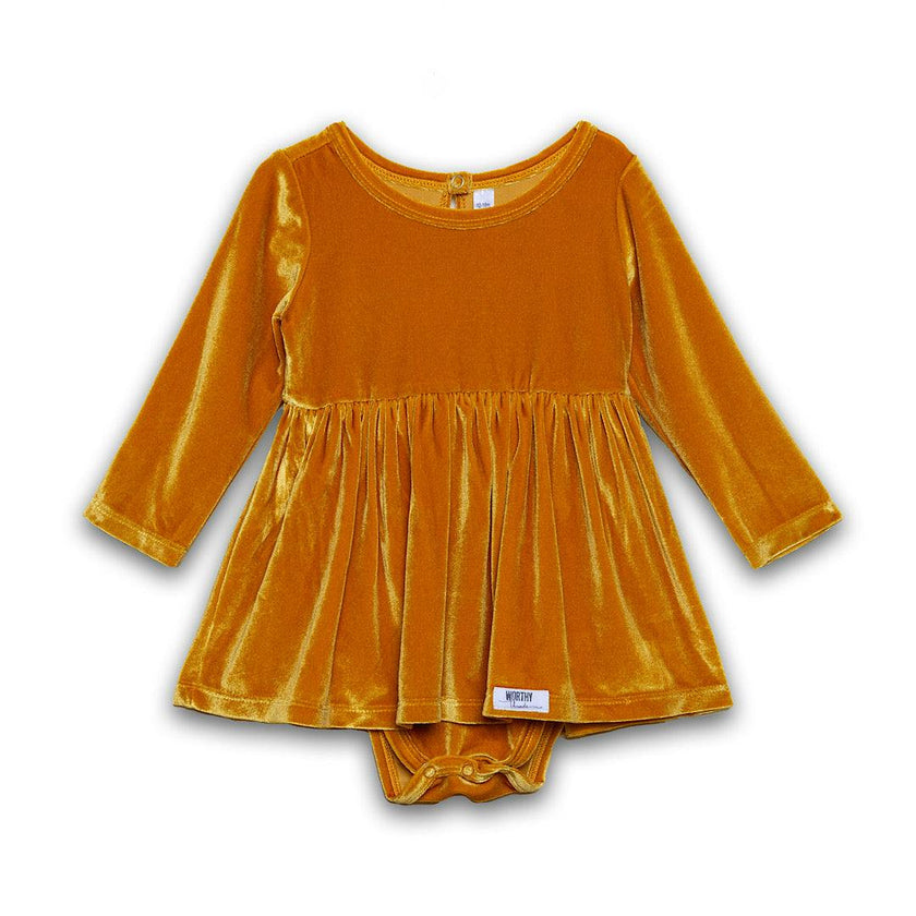 Long Sleeve Bubble Romper in Mustard Velvet FW25