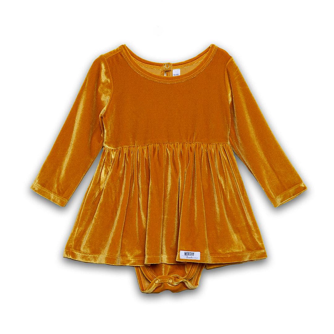 Long Sleeve Bubble Romper in Mustard Velvet FW25
