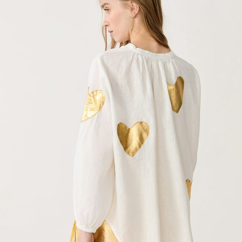 Cupid Linen Shirt - Off-White w/ Gold Hearts