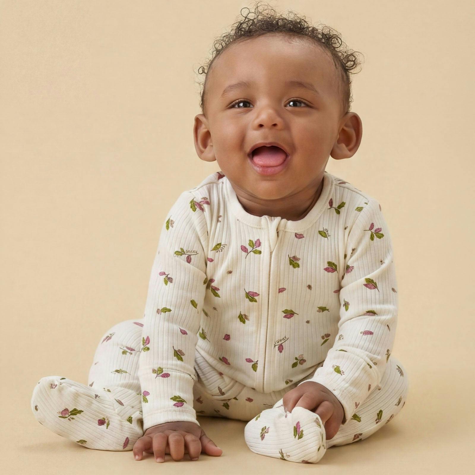 Woodland Leaves Ribbed Clever Zip Baby Pajamas