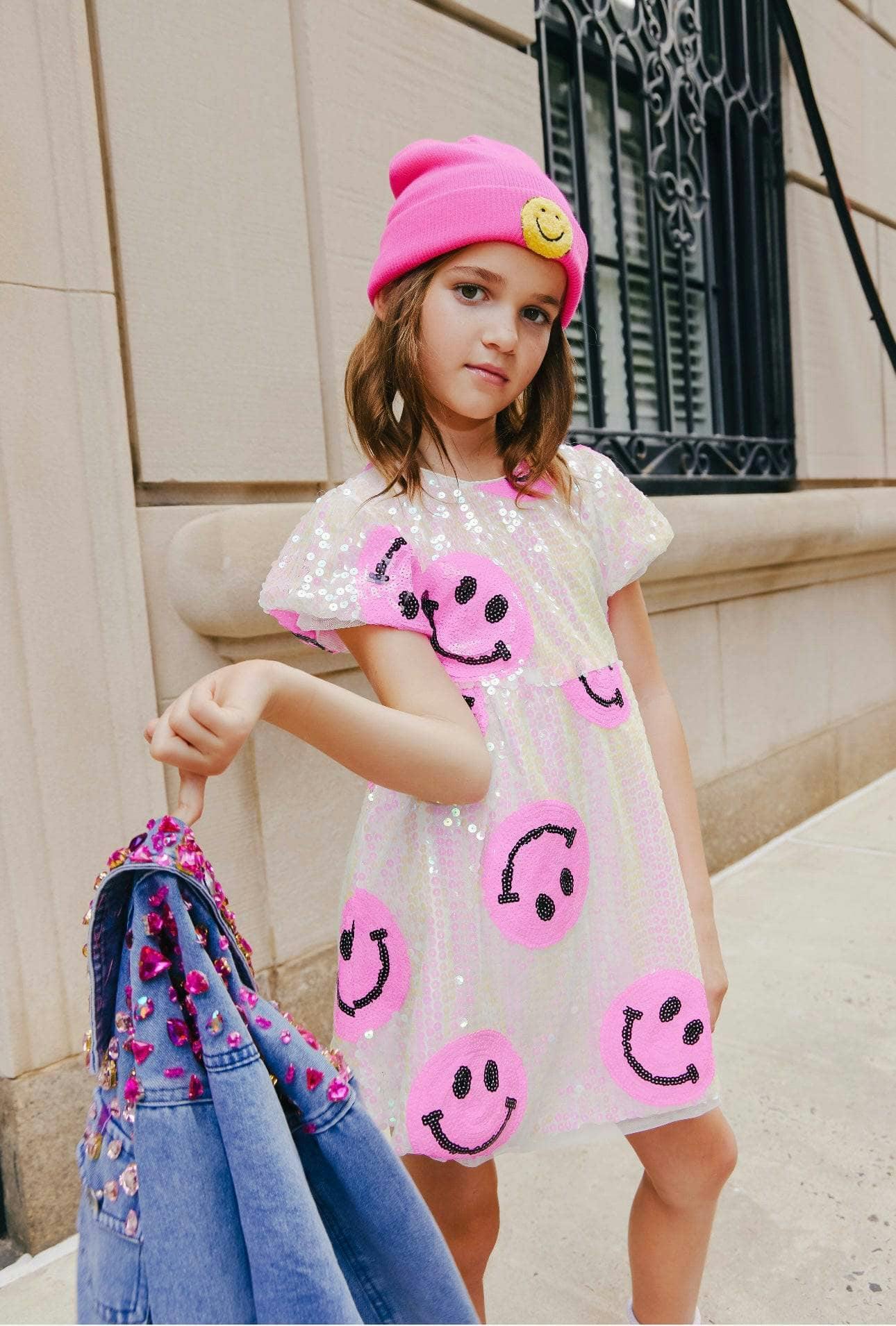 Pinkie Happy Emoji Short Puff Sleeve Dress