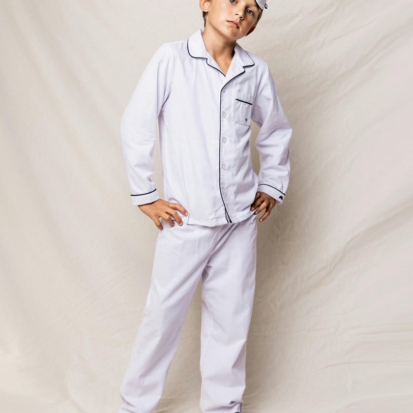Kid's Twill Pajama Set in White with Navy Piping