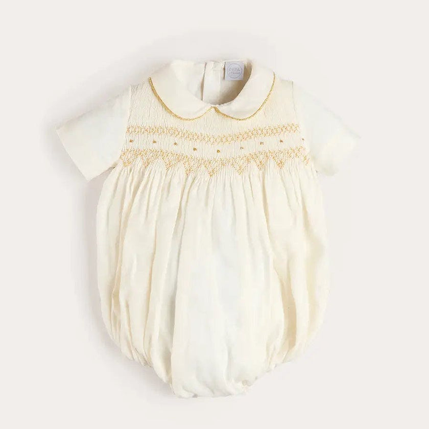 Hand Smocked Gold Embroidered Short Sleeve Romper in Ivory (3mths-2yrs)