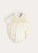 Hand Smocked Gold Embroidered Short Sleeve Romper in Ivory (3mths-2yrs)