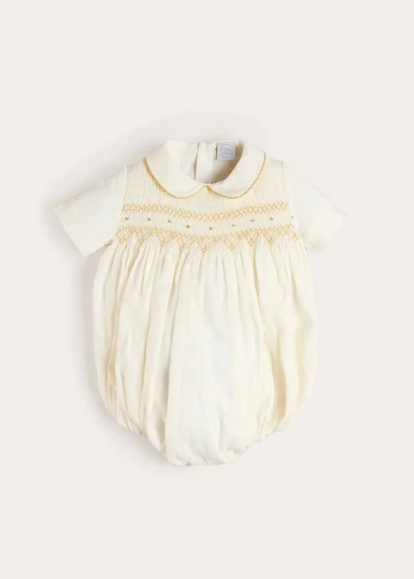 Hand Smocked Gold Embroidered Short Sleeve Romper in Ivory (3mths-2yrs)