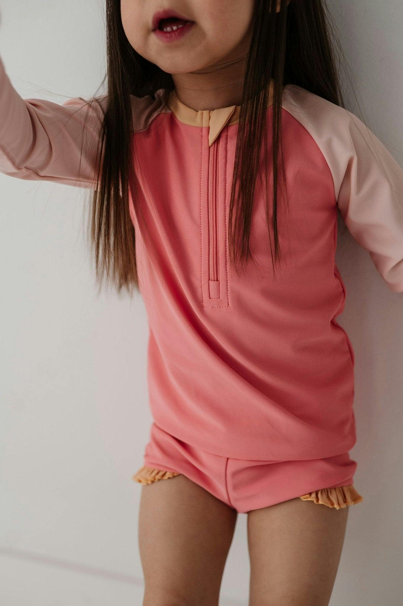 Girls Zip Rash Guard Two-Piece Swimsuit in Strawberry Ice Colorblock