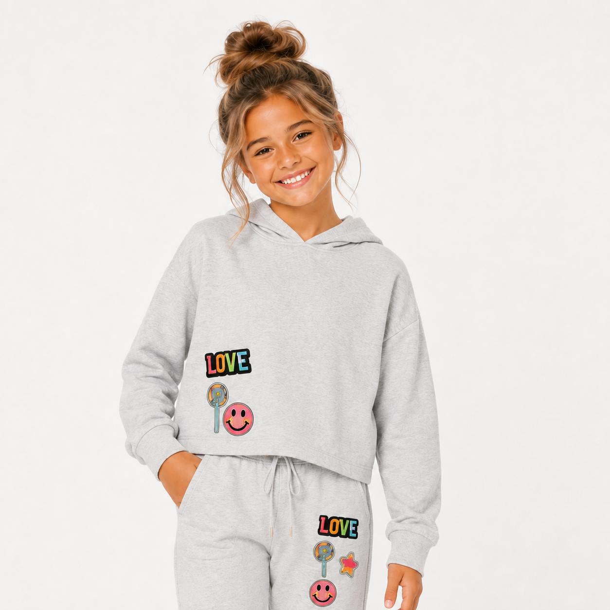 Butter Fleece Hooded Sweatshirt with LOVE & Happy Face Patches
