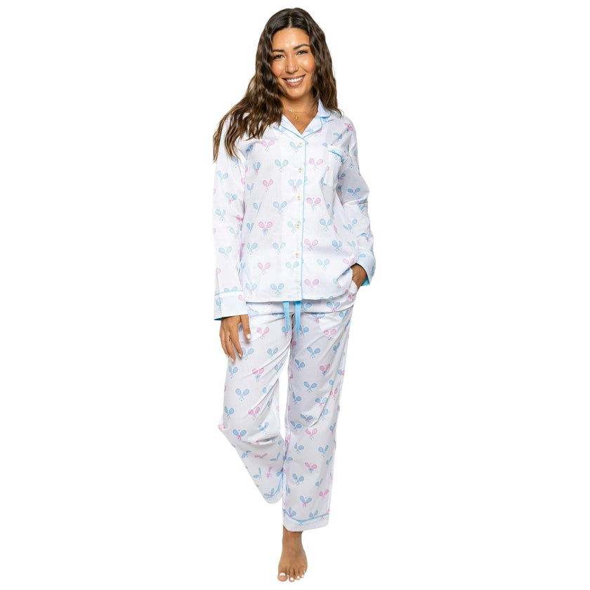 Women's Tennis Bows Long PJ Set - Blue Pink Organic Cotton Poplin
