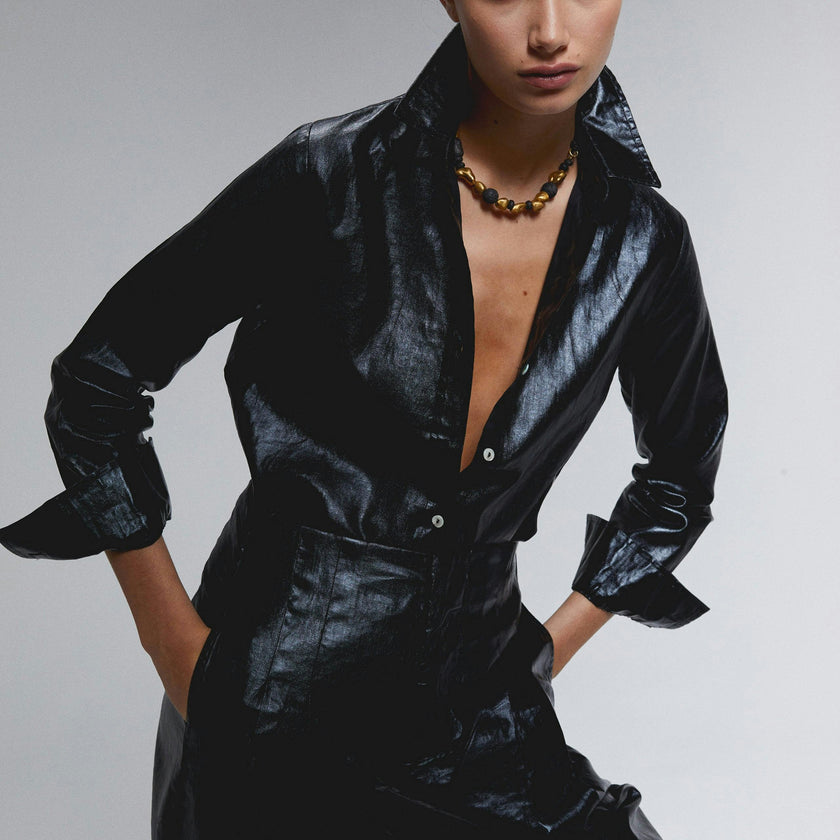 San Marino Metallic Linen Shirt - Black