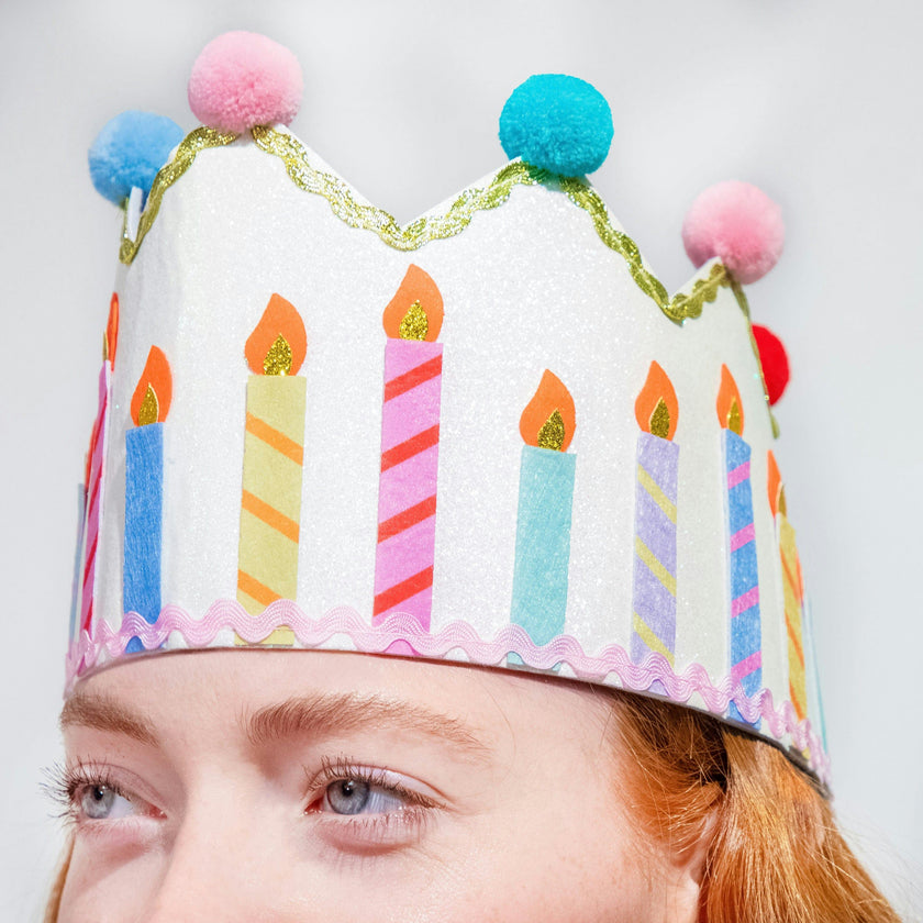 Packed Party Birthday Wishes Reusable Glitter Pom Pom Crown - Metallic Fabric Birthday Candle Crown with Multicolor Poms and Adjustable Satin Ties