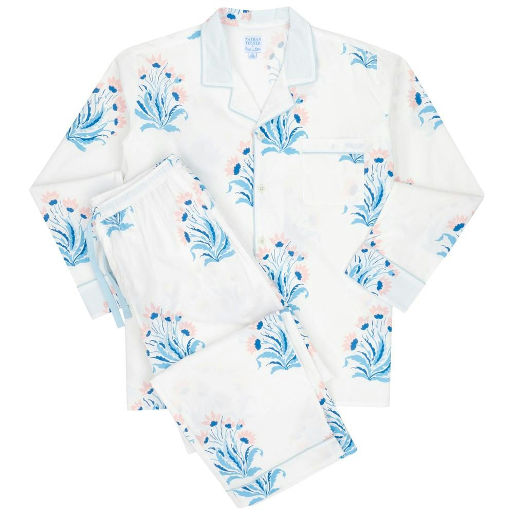 Men's Nathan Turner Hillhouse Long PJ Set - Blue Pink Organic Cotton Poplin