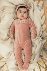 Bow Stitch Velour Onesie with Hat Rose