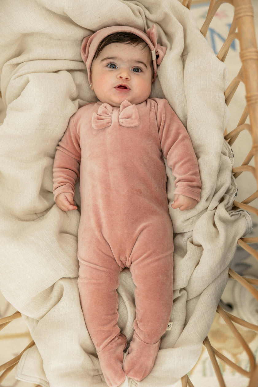 Stitch Velour Bow Detail Snap Front Romper and Hat Two Piece Set