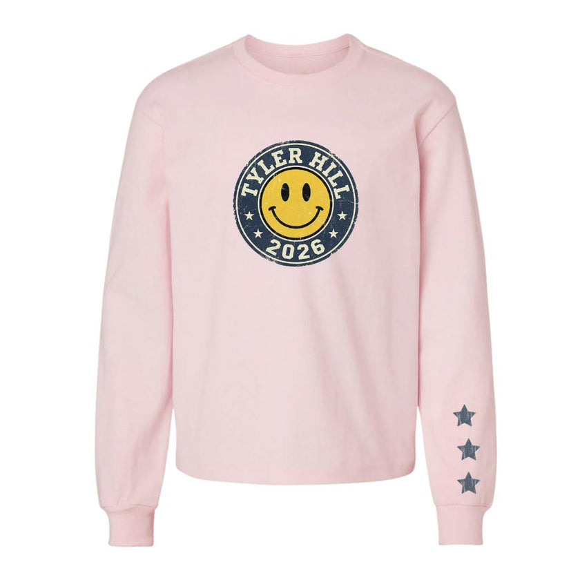 CAMP Custom LS Crewneck T-shirt with Yellow Smiley Face, Pink