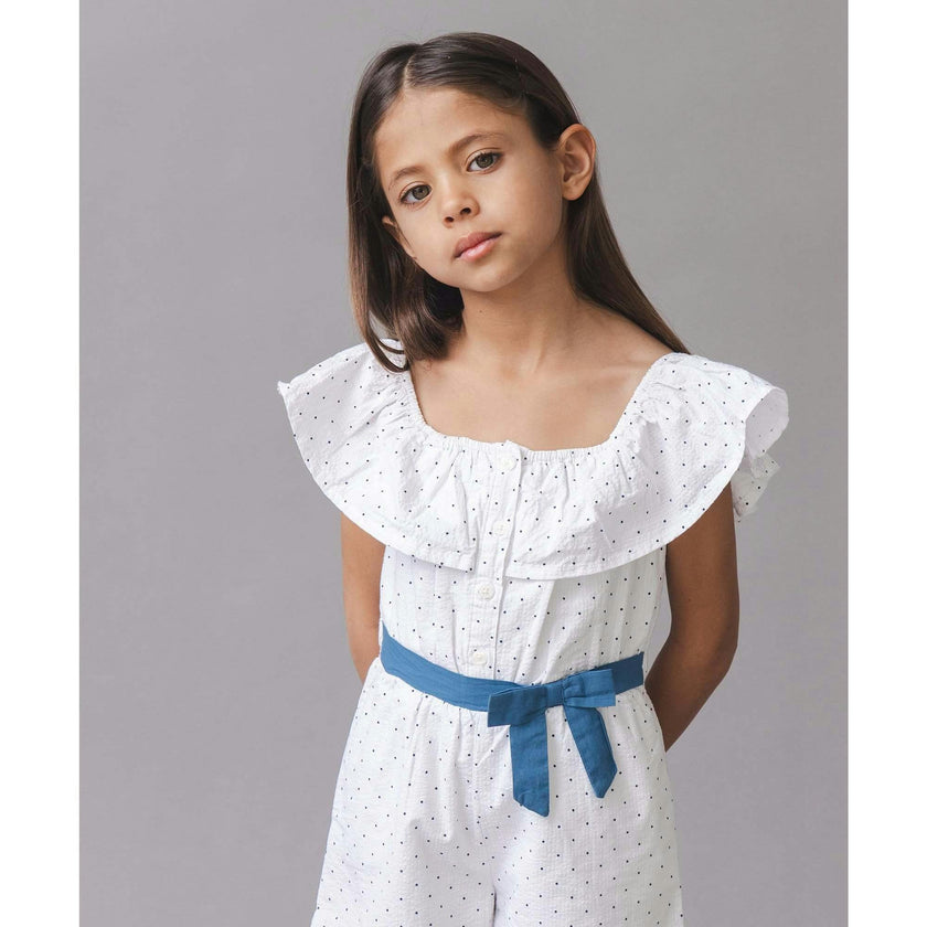 Organic Ruffle Collar Button Front Seersucker Romper, White