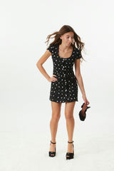 Zoe Black Dress With Silver Flowers Sequin Boucle Cap Sleeve