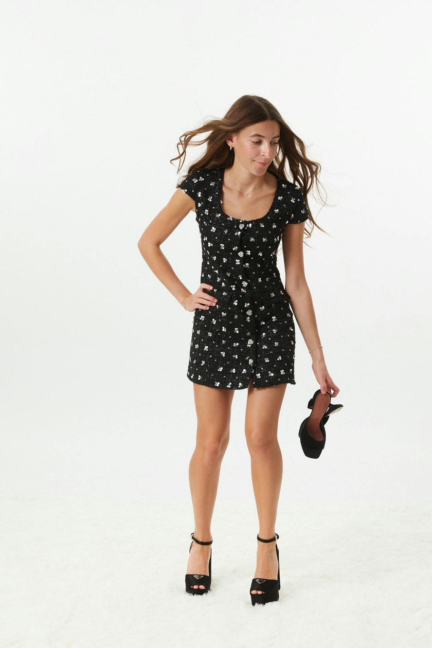 Zoe Black Dress With Silver Flowers Sequin Boucle Cap Sleeve