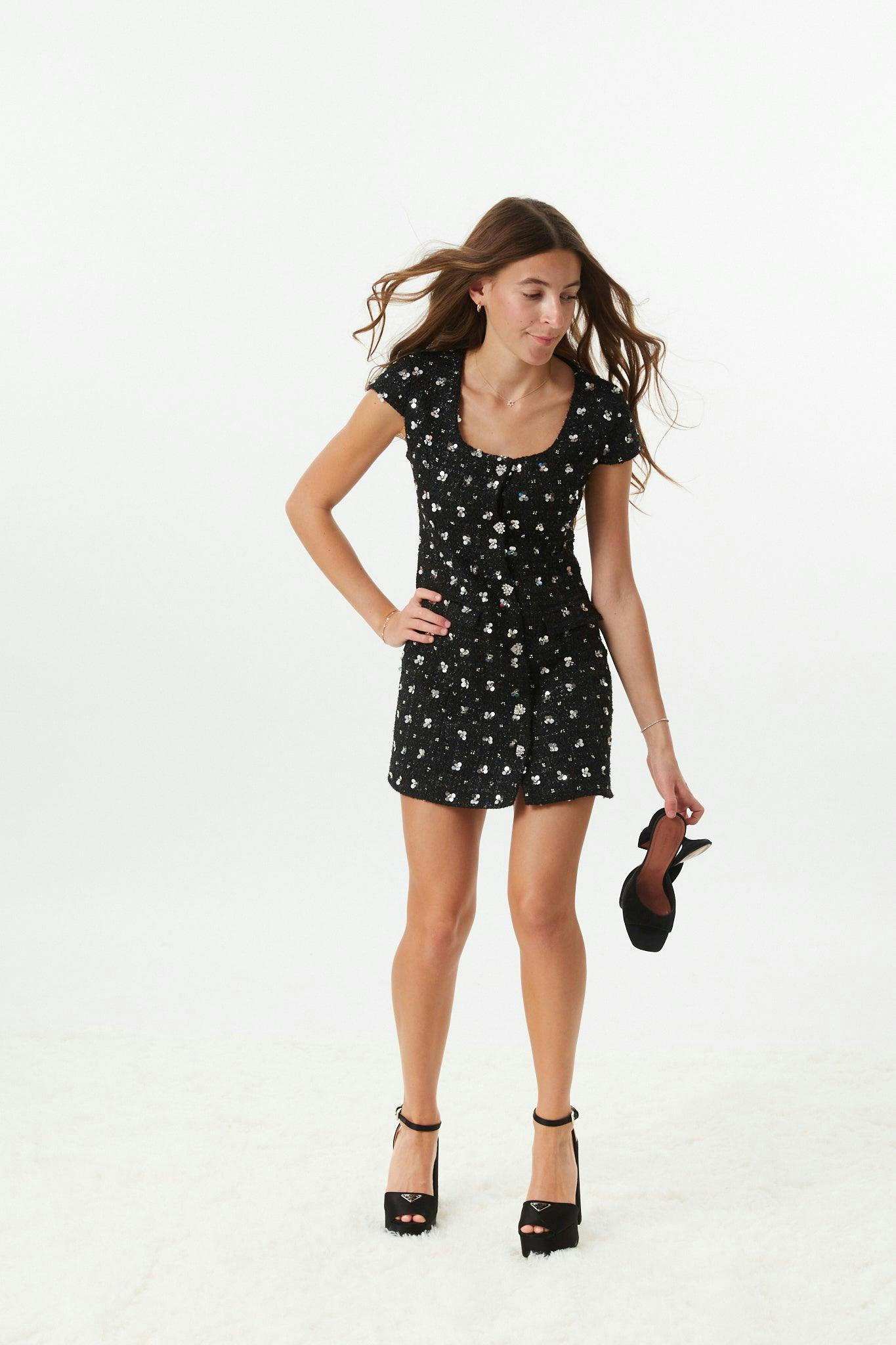 Zoe Black Dress With Silver Flowers Sequin Boucle Cap Sleeve