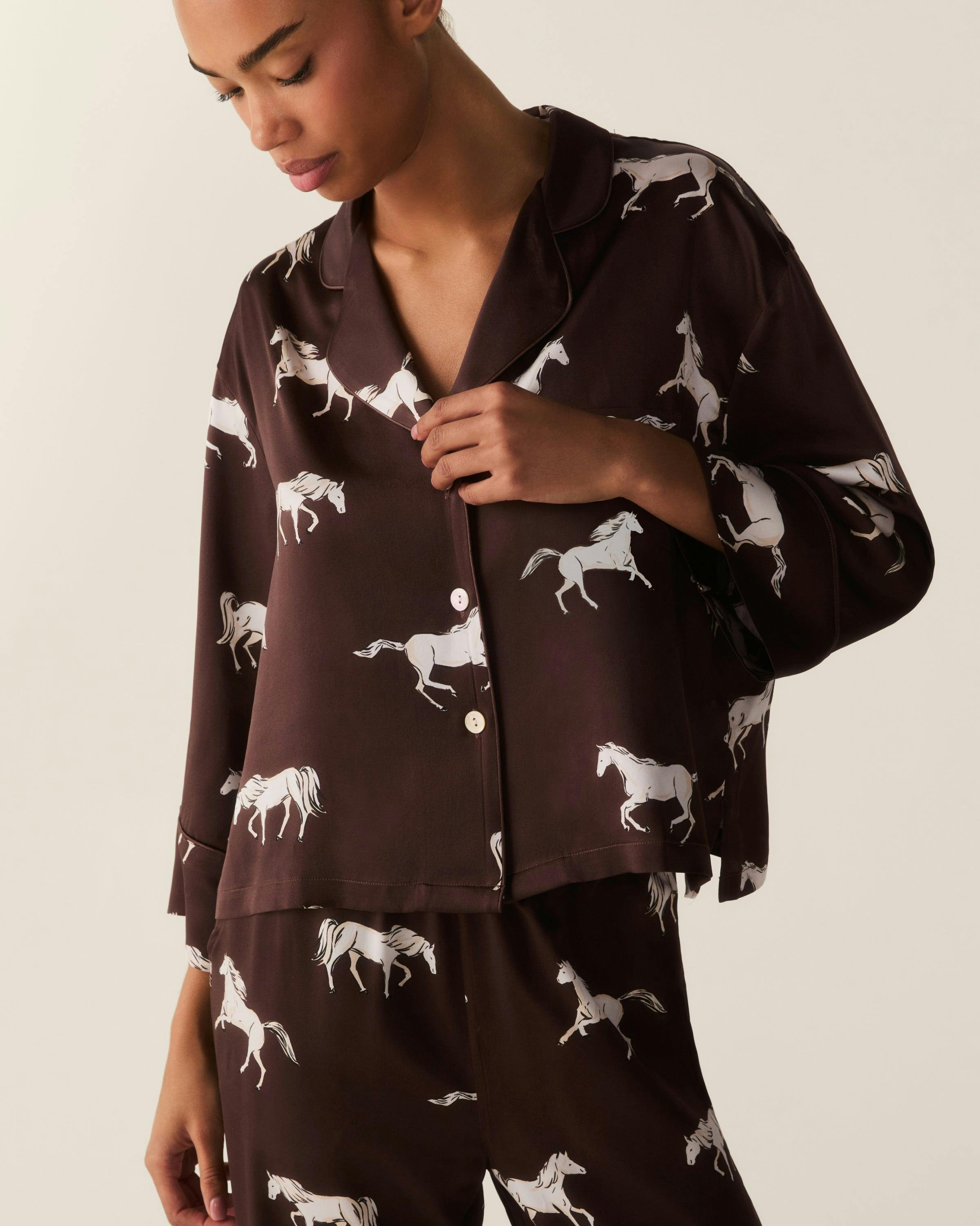 The Celine Silk Pajama Set in Highgrove Equestrian