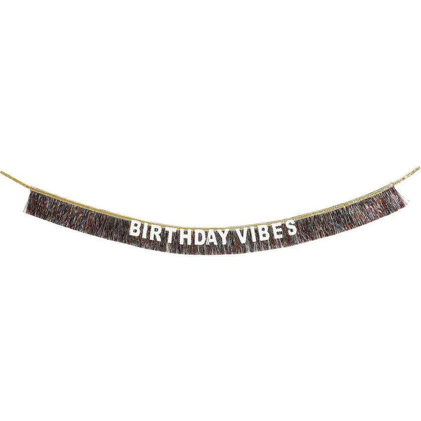 Packed Party Birthday Vibes Tinsel and Glitter Party Sash – 60 Inch Multicolor Tinsel Fringe with Iridescent Glitter Letters and Gold Binding Ties, One Size