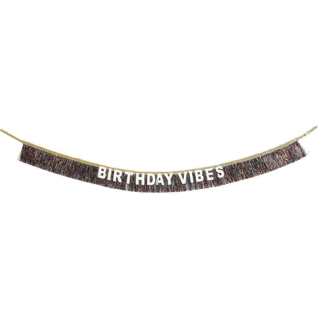 Packed Party Birthday Vibes Tinsel and Glitter Party Sash – 60 Inch Multicolor Tinsel Fringe with Iridescent Glitter Letters and Gold Binding Ties, One Size