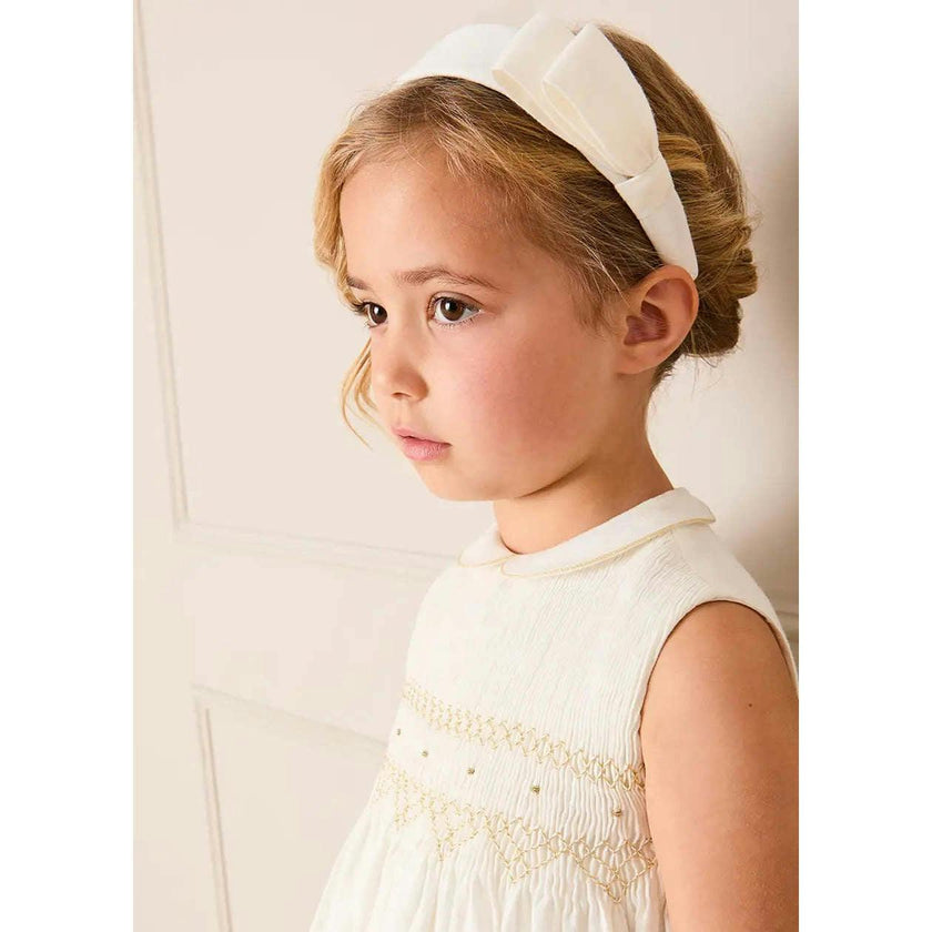 Hand Smocked Gold Embroidered Sleeveless Dress in Ivory (12mths- 10yrs)