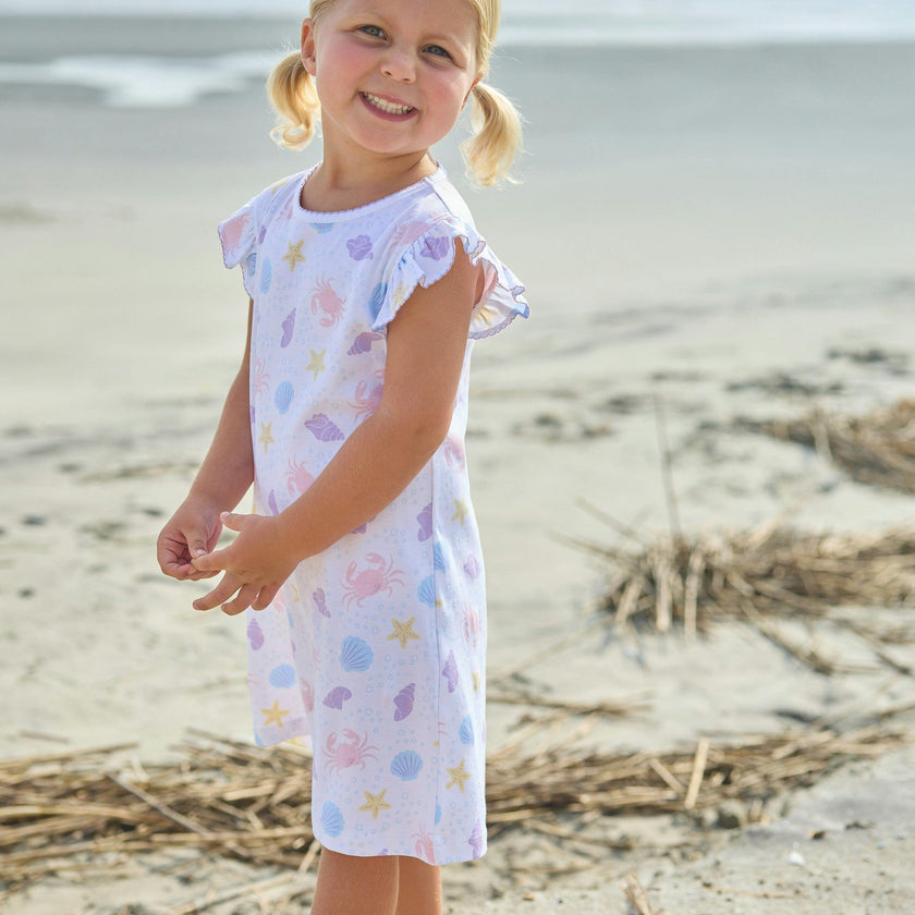 Printed Angel Sleeve Dress - Sea Shells
