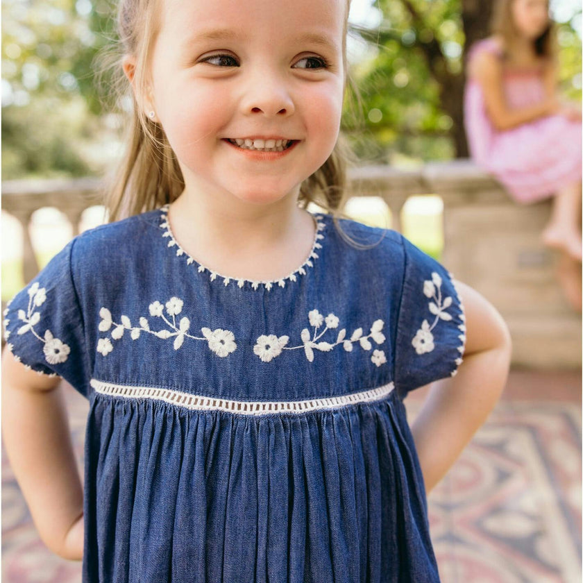 girls chambray embroidered cap sleeve dress