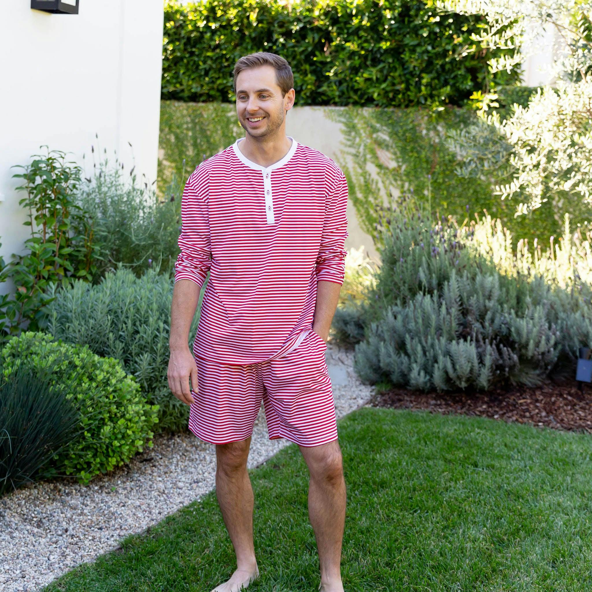 Men's Red Stripe Jersey Sleep Shorts - Organic Stretch Cotton